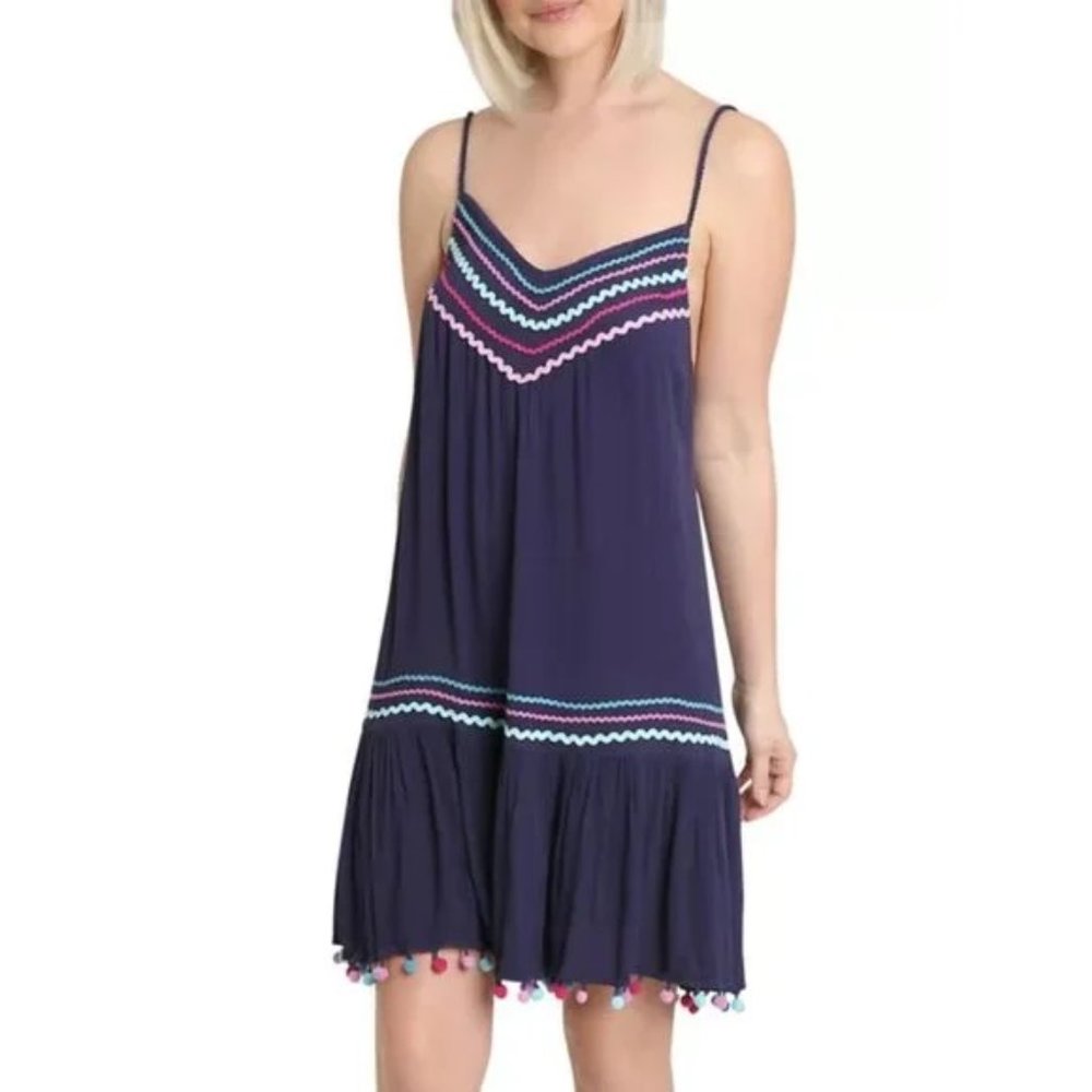 Nanette Lepore Colorful Pom Pom Navy Gauze Textured Selina Dress Coverup NWT